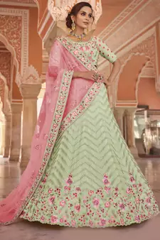 mesmerizing pista green zari, zarkan, thread embroidered georgette semi stitched lehenga
