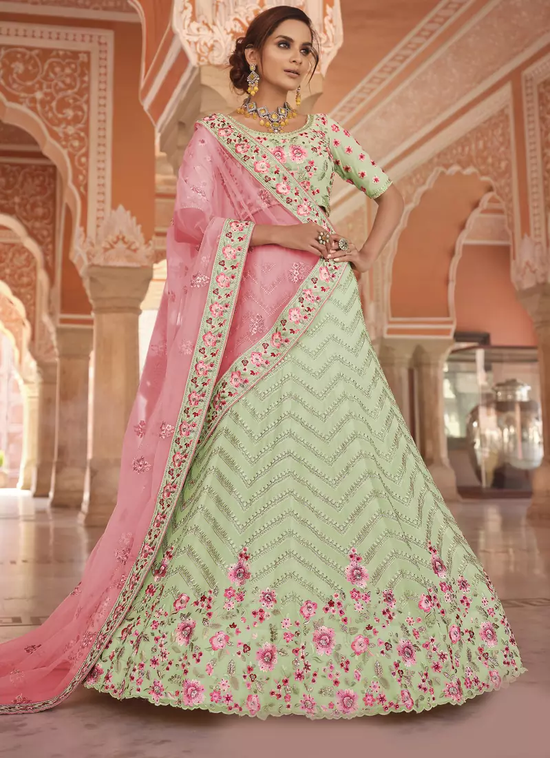 mesmerizing pista green zari, zarkan, thread embroidered georgette semi stitched lehenga