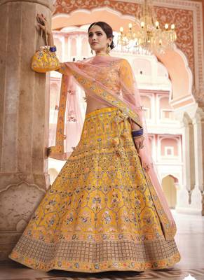 Mustard swarovski, sequins, and dori embroidered crepe Semi Stitched Lehenga 2