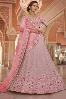captivating pink zari, zarkan, thread embroidered semi stitched lehenga