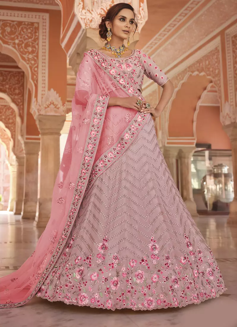 captivating pink zari, zarkan, thread embroidered semi stitched lehenga