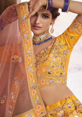 Mustard swarovski, sequins, and dori embroidered crepe Semi Stitched Lehenga 3
