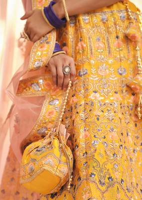 Mustard swarovski, sequins, and dori embroidered crepe Semi Stitched Lehenga 4