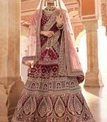 lovely maroon zari, zarkan, zardosi, thread embroidered velvet Semi Stitched Lehenga
