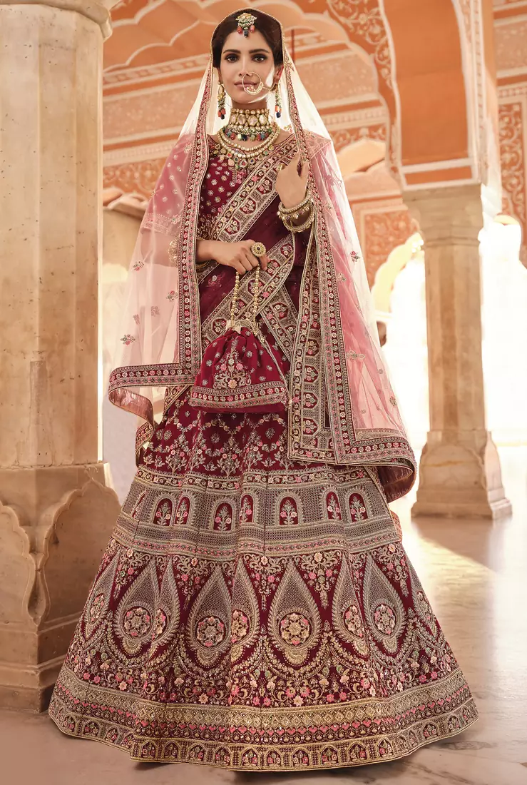 lovely maroon zari, zarkan, zardosi, thread embroidered velvet semi stitched lehenga