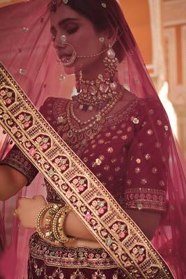 lovely maroon zari, zarkan, zardosi, thread embroidered velvet Semi Stitched Lehenga 4