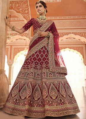lovely maroon zari, zarkan, zardosi, thread embroidered velvet Semi Stitched Lehenga 5
