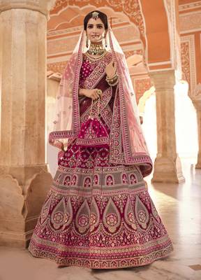 Wine zari, zarkan, zardosi, thread embroidered velvet Semi Stitched wedding Lehenga 1