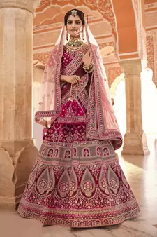 seductive wine zari, zarkan, zardosi, thread embroidered semi stitched lehenga