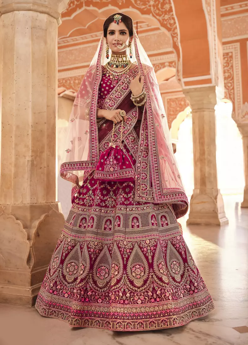 seductive wine zari, zarkan, zardosi, thread embroidered semi stitched lehenga