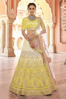 fetching yellow hand-work, dori, zarkan, thread embroidered velvet semi stitched lehenga