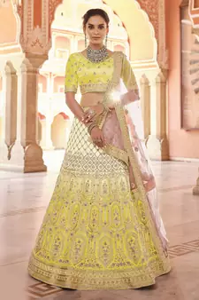 fetching yellow hand-work, dori, zarkan, thread embroidered velvet semi stitched lehenga