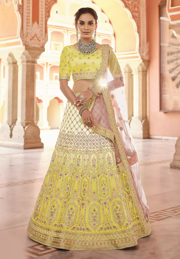 fetching yellow hand-work, dori, zarkan, thread embroidered velvet semi stitched lehenga