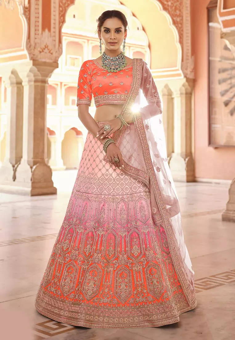 likeable red hand-work, dori, zarkan, thread embroidered velvet semi stitched lehenga