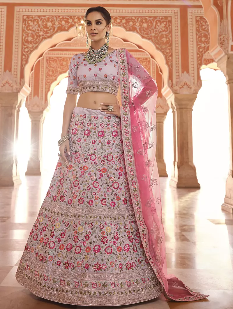 enthralling grey thread, zarkan, zari embroidered crepe semi stitched lehenga