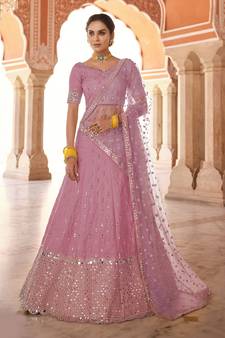 attractive pink real mirror, zari embroidered art silk semi stitched lehenga