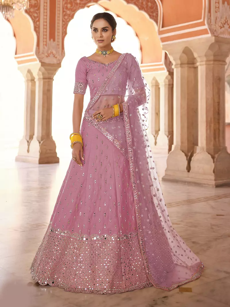 attractive pink real mirror, zari embroidered art silk semi stitched lehenga