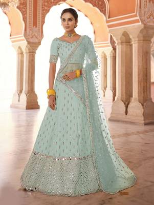 engaging turquoise real mirror, zari embroidered art Silk Semi Stitched Lehenga 1