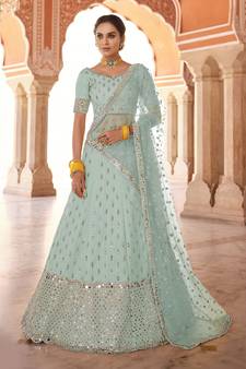 engaging turquoise real mirror, zari embroidered art silk semi stitched lehenga