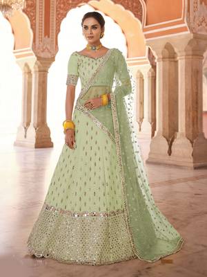 alluring pista green real mirror, zari embroidered art Silk Semi Stitched Lehenga 1