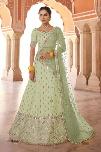 alluring pista green real mirror, zari embroidered art silk semi stitched lehenga