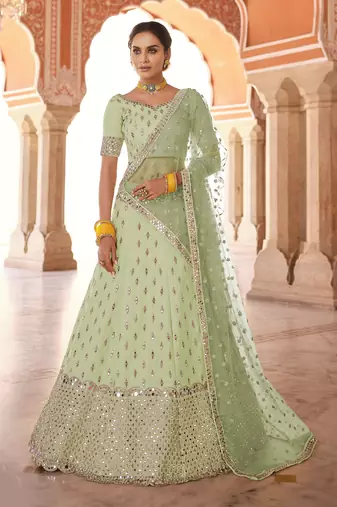 alluring pista green real mirror, zari embroidered art silk semi stitched lehenga