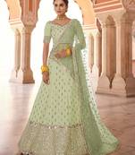 alluring pista green real mirror, zari embroidered art Silk Semi Stitched Lehenga