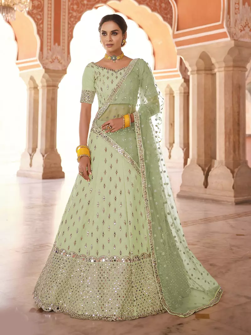 alluring pista green real mirror, zari embroidered art silk semi stitched lehenga