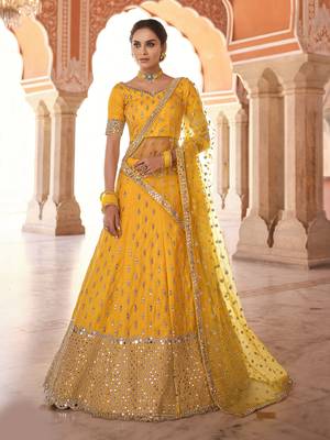 interesting mustard real mirror, zari embroidered art Silk Semi Stitched Lehenga 1