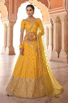 interesting mustard real mirror, zari embroidered art silk semi stitched lehenga