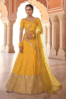 interesting mustard real mirror, zari embroidered art silk semi stitched lehenga