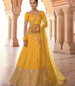 interesting mustard real mirror, zari embroidered art Silk Semi Stitched Lehenga