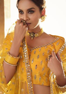 interesting mustard real mirror, zari embroidered art Silk Semi Stitched Lehenga 2