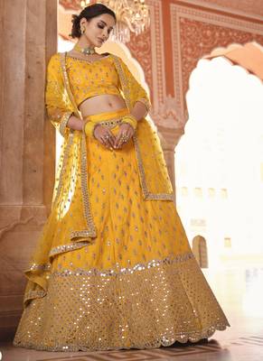interesting mustard real mirror, zari embroidered art Silk Semi Stitched Lehenga 3
