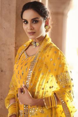 interesting mustard real mirror, zari embroidered art Silk Semi Stitched Lehenga 4