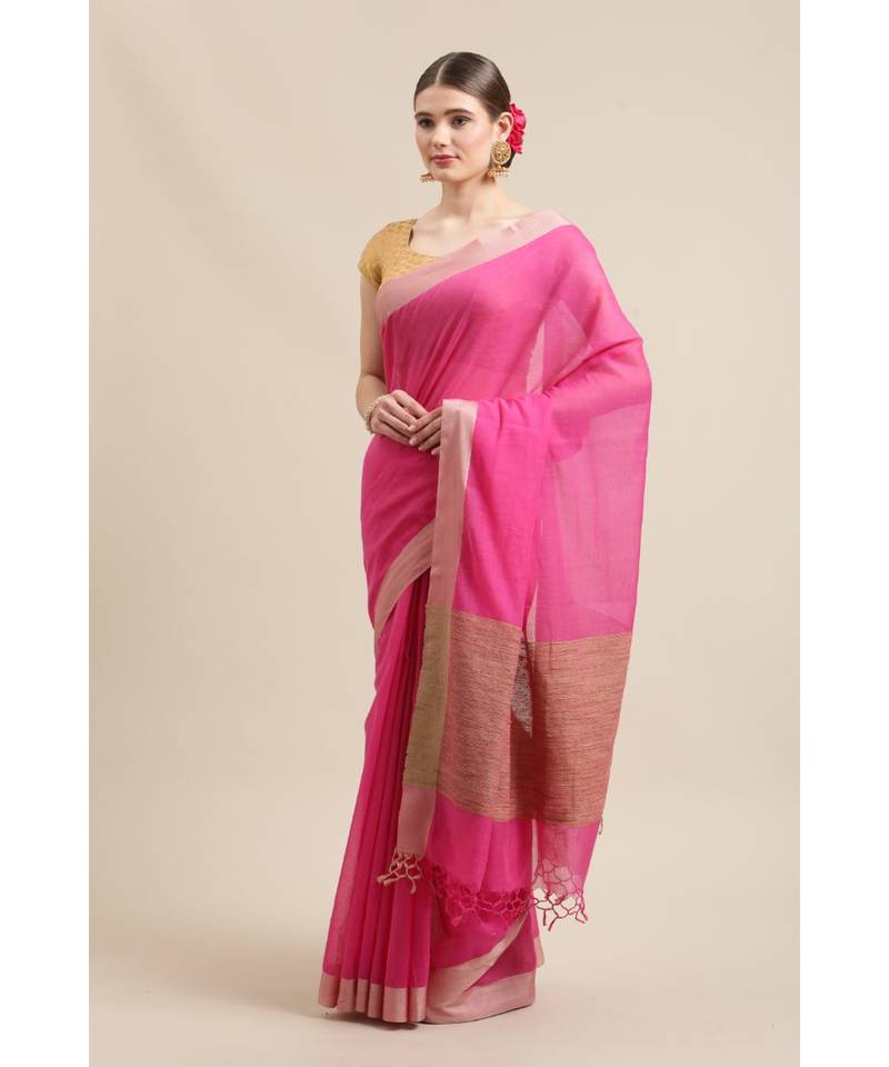 Handloom Khadi cotton in rani pink with gicha border