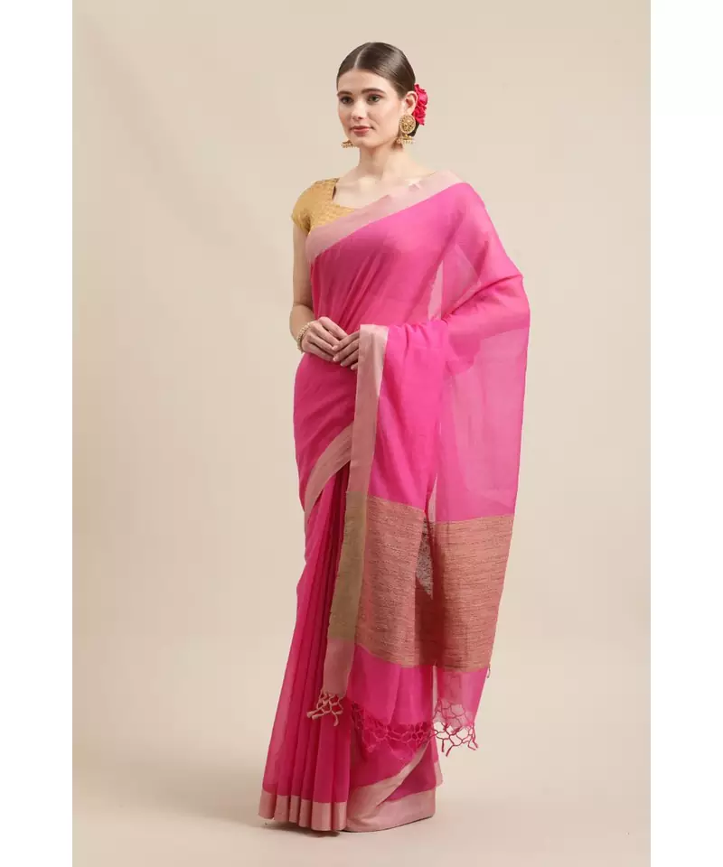 Handloom Khadi cotton in rani pink with gicha border