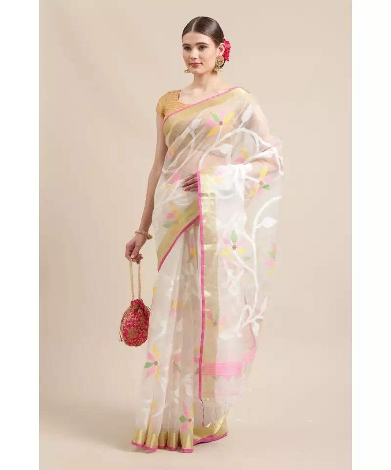 Jamdani on resham silk with delicate jamdani floral motifs