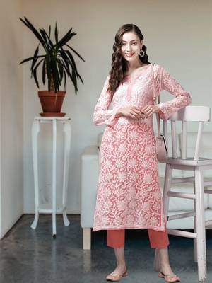 Hand Embroidered Peach Georgette Lucknowi Chikankari Women Kurta 1