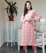 Hand Embroidered Peach Georgette Lucknowi Chikankari Women Kurta
