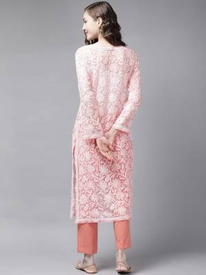 Hand Embroidered Peach Georgette Lucknowi Chikankari Women Kurta 2