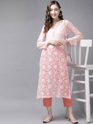 Hand Embroidered Peach Georgette Lucknowi Chikankari Women Kurta 3