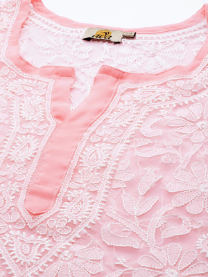 Hand Embroidered Peach Georgette Lucknowi Chikankari Women Kurta 4
