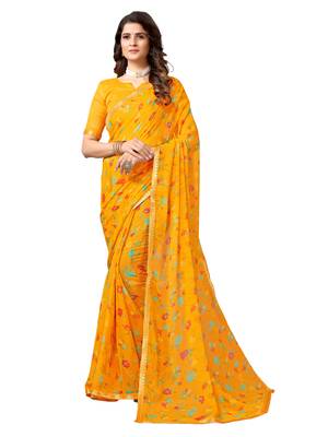Yellow printed chiffon saree with blouse 1