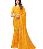 Yellow printed chiffon saree with blouse
