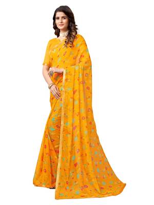 Yellow printed chiffon saree with blouse 2