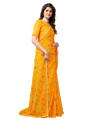 Yellow printed chiffon saree with blouse 3