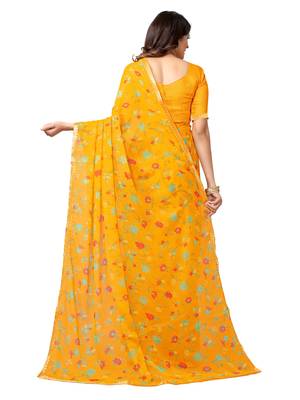 Yellow printed chiffon saree with blouse 4