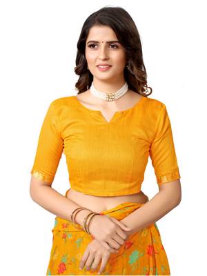 Yellow printed chiffon saree with blouse 5