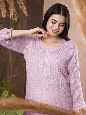 Hand Embroidered Mauve Kota Lucknow Chikankari Women Kurta With Slip 6